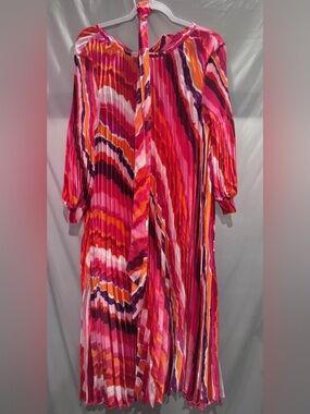 Pink Multi-Stripe Pleated Long-Sleeve Midi Dress